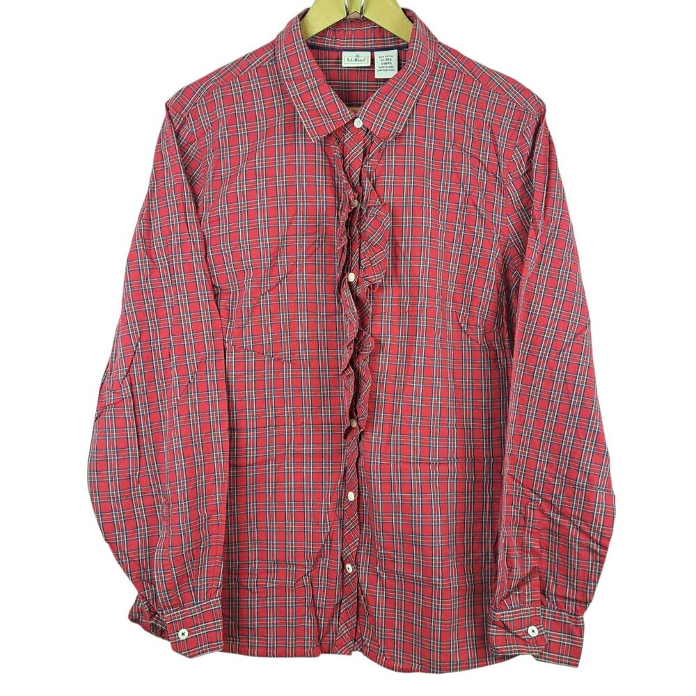 LL Bean Red Plaid Button Up Women Blouse Long Sleeve With Ruffle Size XL